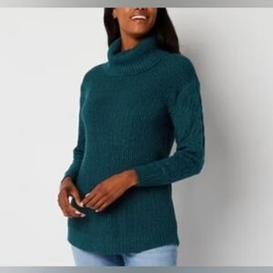 St.John's Bay Teal Cable Knit Pullover Cowl Neck Turtleneck Tunic Swea…